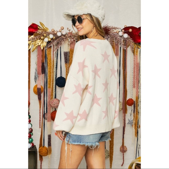 🆕 Mauve Star Print Oversized V-Neck Sweater - Picture 4 of 5